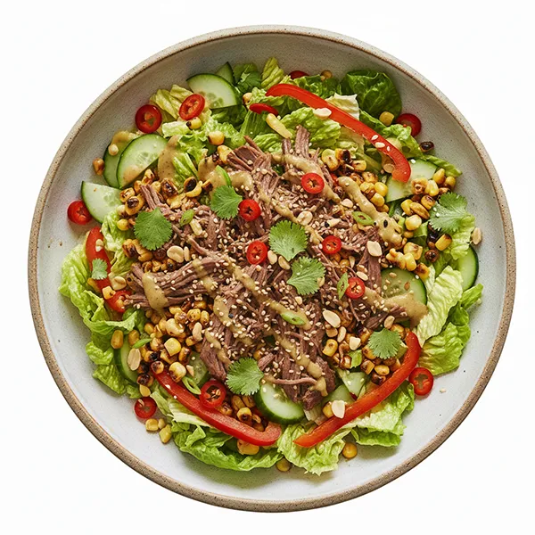 Satay Spiced Beef Salad With Corn, Cucumber And Chili Lime Dressing